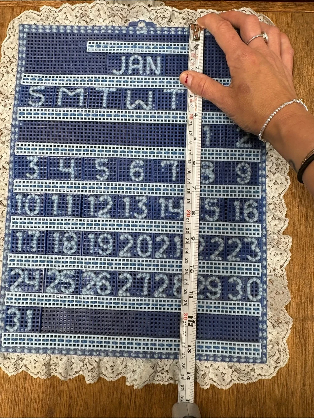 NOS VTG Handmade Needlepoint Perpetual Calendar Latch Hook Lace Edge All Pieces